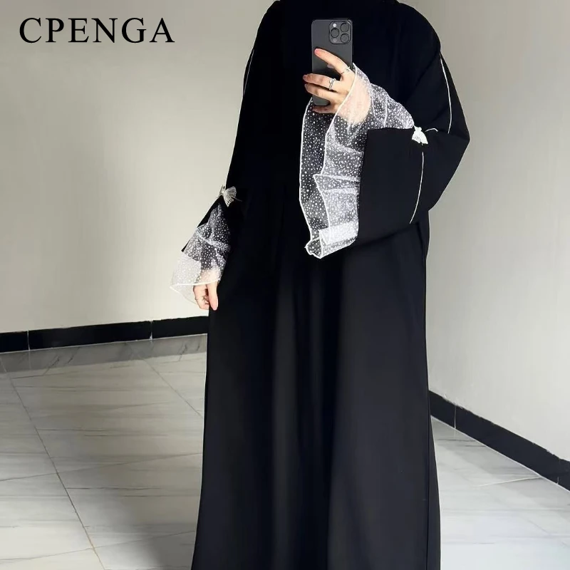 Abaya noir d'été pour femmes musulmanes, Robe modeste élégante de dubaï avec manches en dentelle, tenue de vacances islamique, Kaftan turc 2025