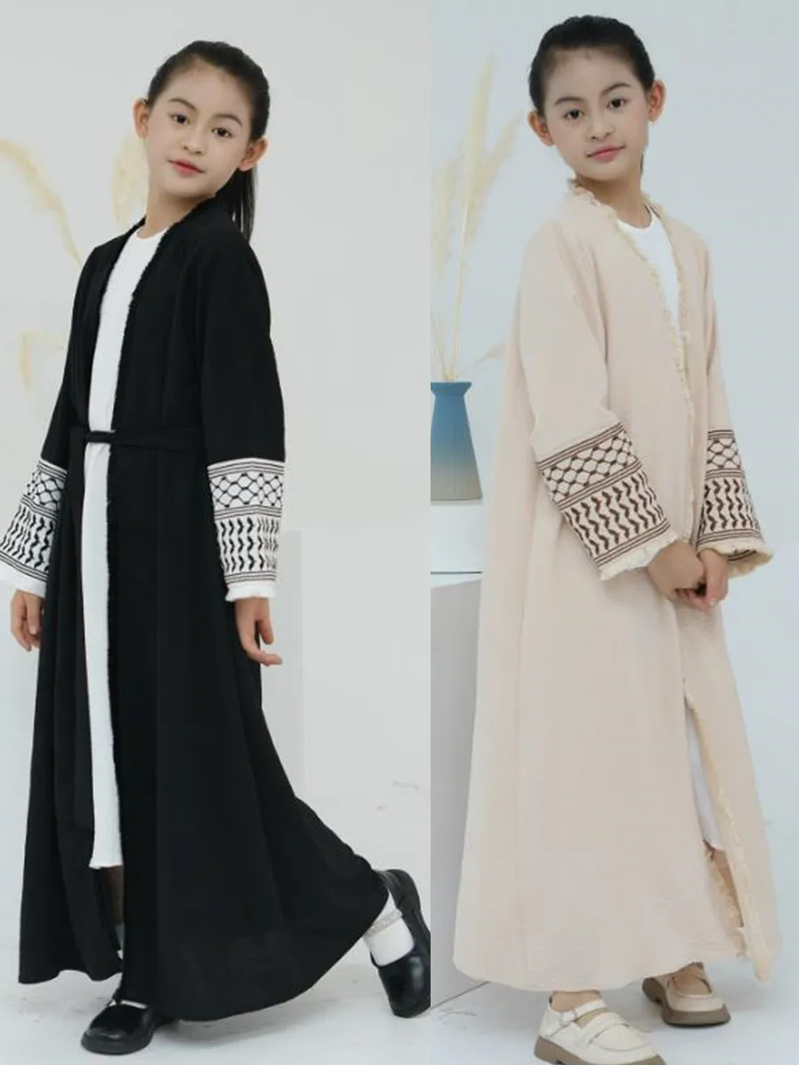 Musulman enfants filles luxe dubaï Abaya Kimono Cardigan broderie glands Robe longue Ramadan Robe caftan Femme Islam vêtements
