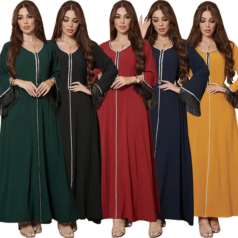 Abayas musulmanes noir jaune robes de perles avec diamants à la mode franges Patchwork Robe saoudienne vêtements pour femmes
