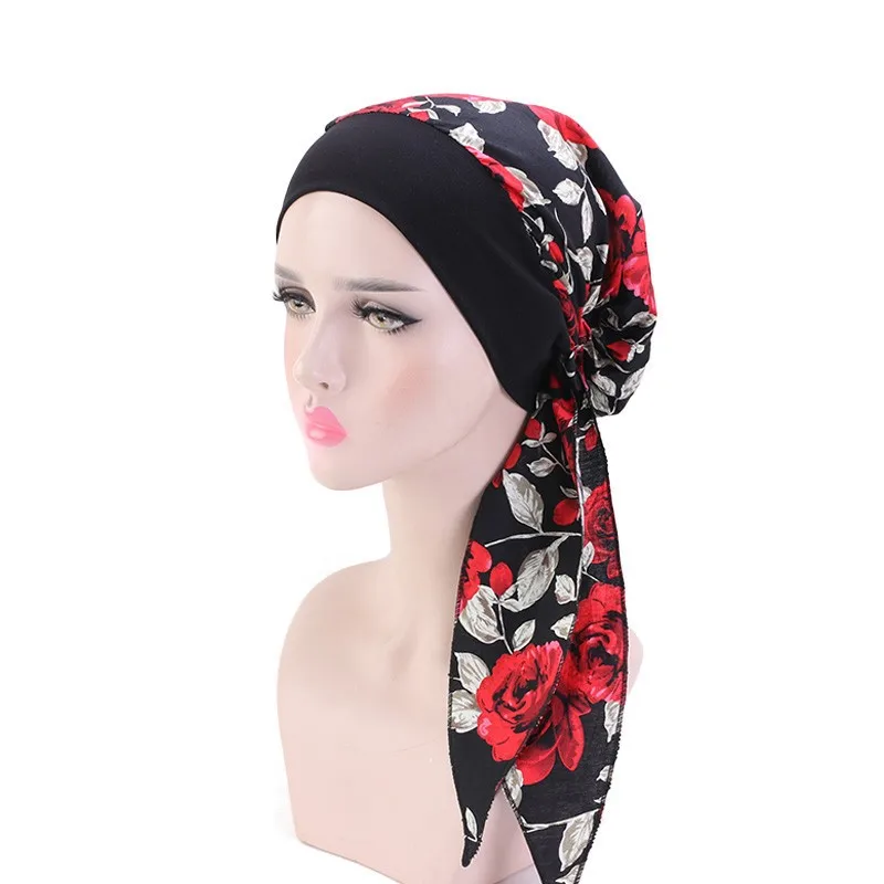 Femmes imprimé pré-attaché Turban casquette longue queue foulard extensible Bandana musulman Hijab casquettes intérieures perte de cheveux couverture bonnets Bonnet