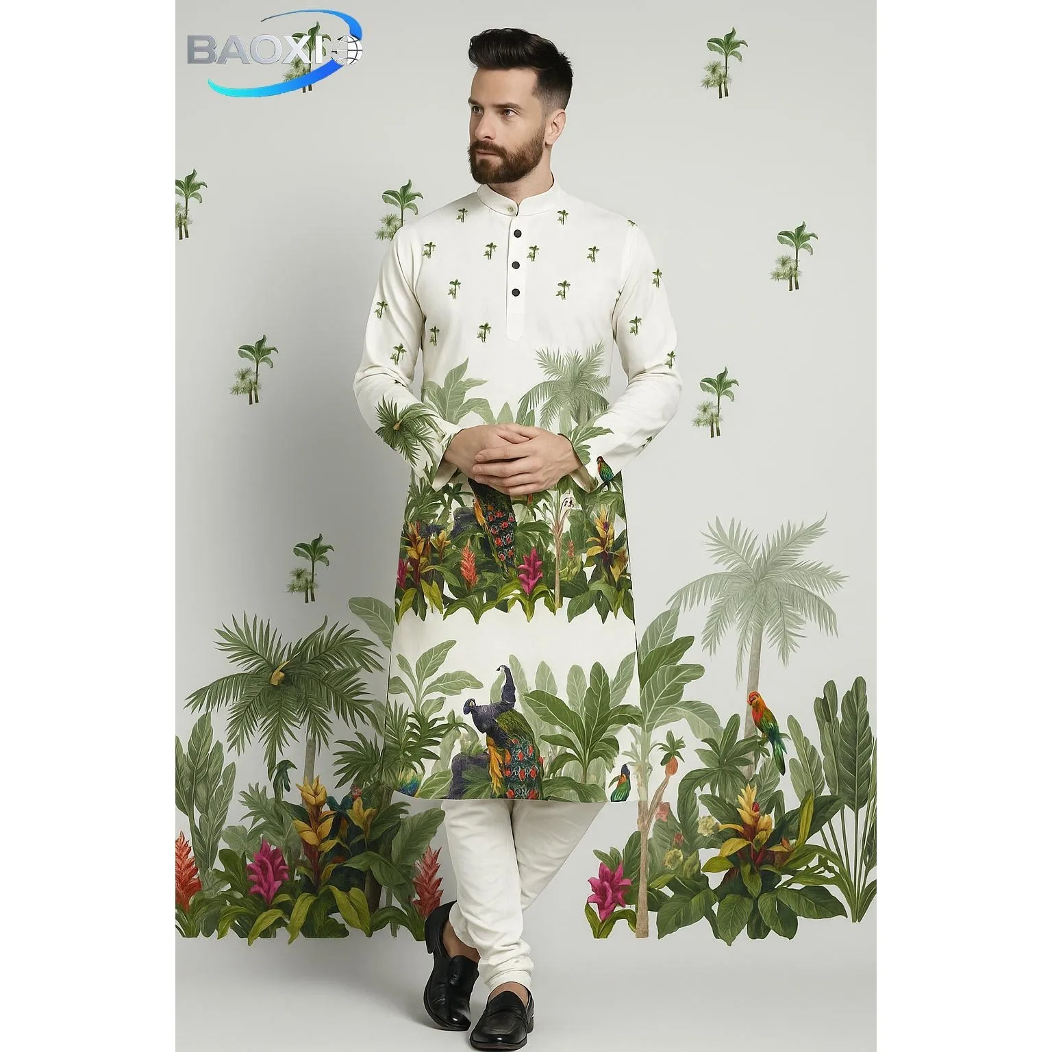 Homme islamique arabe Abaya Robe ethnique imprimé col montant jeunesse mi-longue chemise de luxe manteau décontracté Maroc Tenue Arabe Homme
