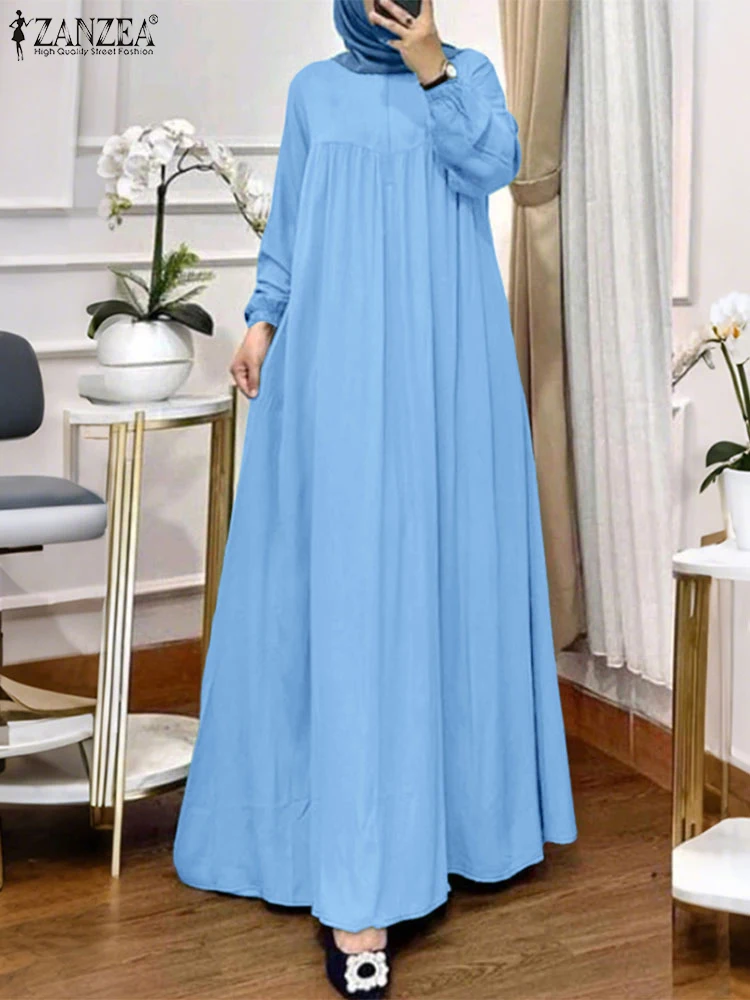 ZANZEA Muslim Womens Modest Eid Maxi Dresses Casual Loose Long Sleeve Hijab O-Neck Islamic Abaya Robes Holiday Solid Vestidos