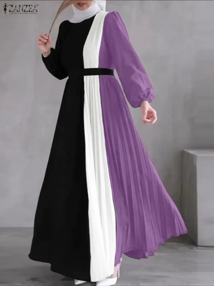 ZANZEA Hijabs femmes Robes longues plissées modeste contraste-couleur à manches longues ceinturée a-ligne robe Maxi Abaya Robes vêtements musulmans