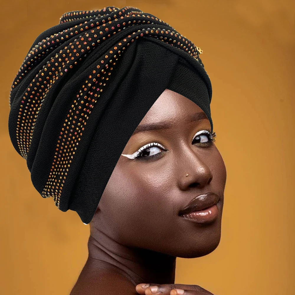 Turban Perles Dorées Noir Femmes Entourage Tête Mode Hijab Élégant Toute Saison Occasionnel Précision Coupe Plis Définis
