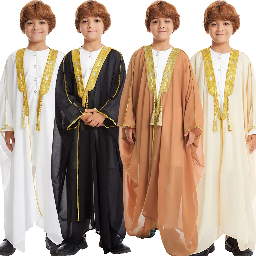 Saoudien arabe garçons enfants Jubba Thobe broderie Kimono Cardigan islamique garçon Djellaba Dishdasha musulman ouvert Abaya Robe Caftan Robe