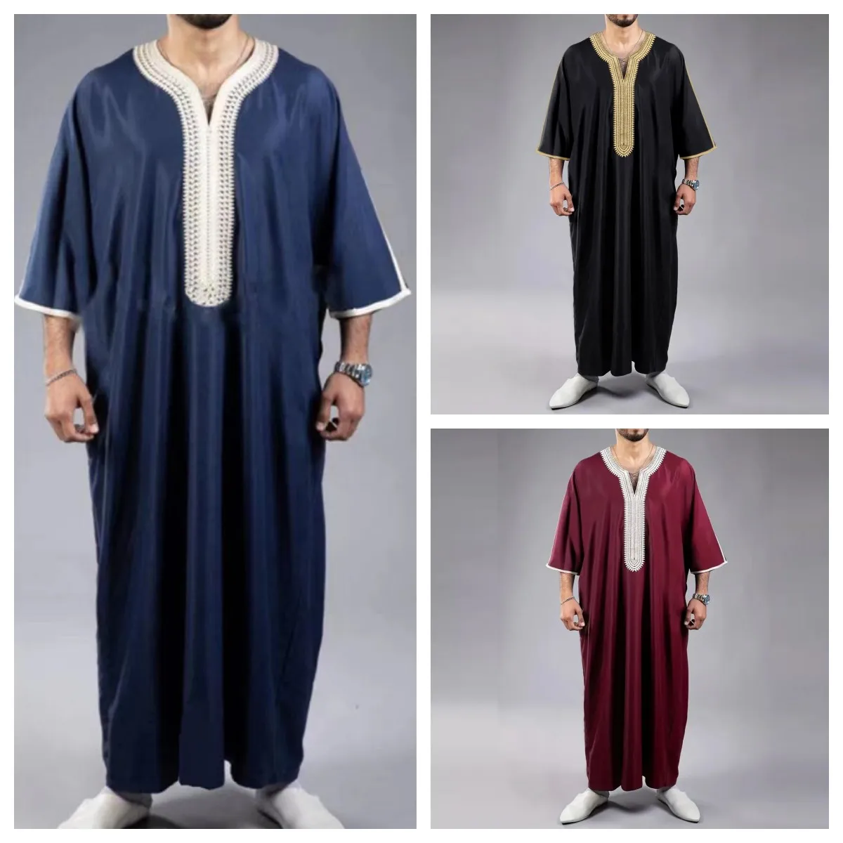 Jubba Polyester Bleu Marine Bordures Blanches Broderies Dorées Coupe Droite Tombé Doux Longueur Sol Occasion Décontractée