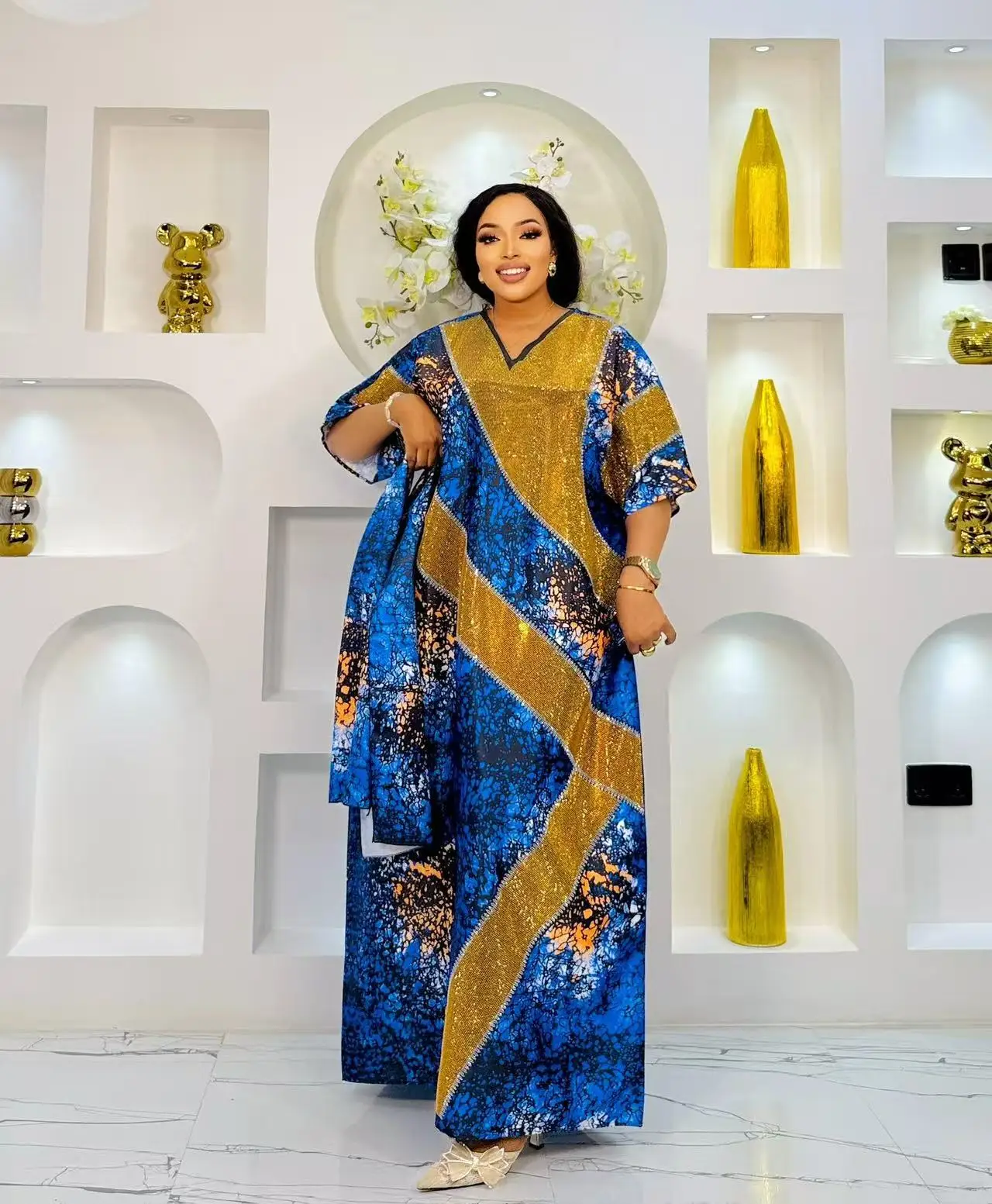 Robe Ample Noir Bleu Jaune Rouge Forme Droite Manches Courtes Col V Motif Abstrait Luxueux Femme