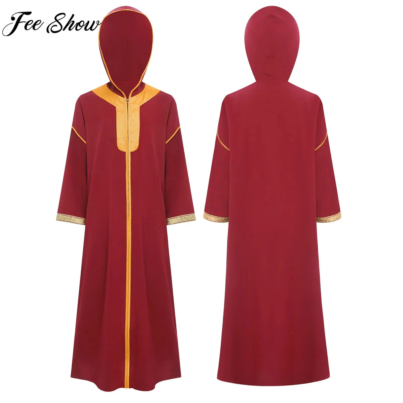 Garçons filles musulman Abaya Robe à capuche arabe moyen-orient islamique Ramadan prière Costume à manches longues Zip or broderie Robe caftan