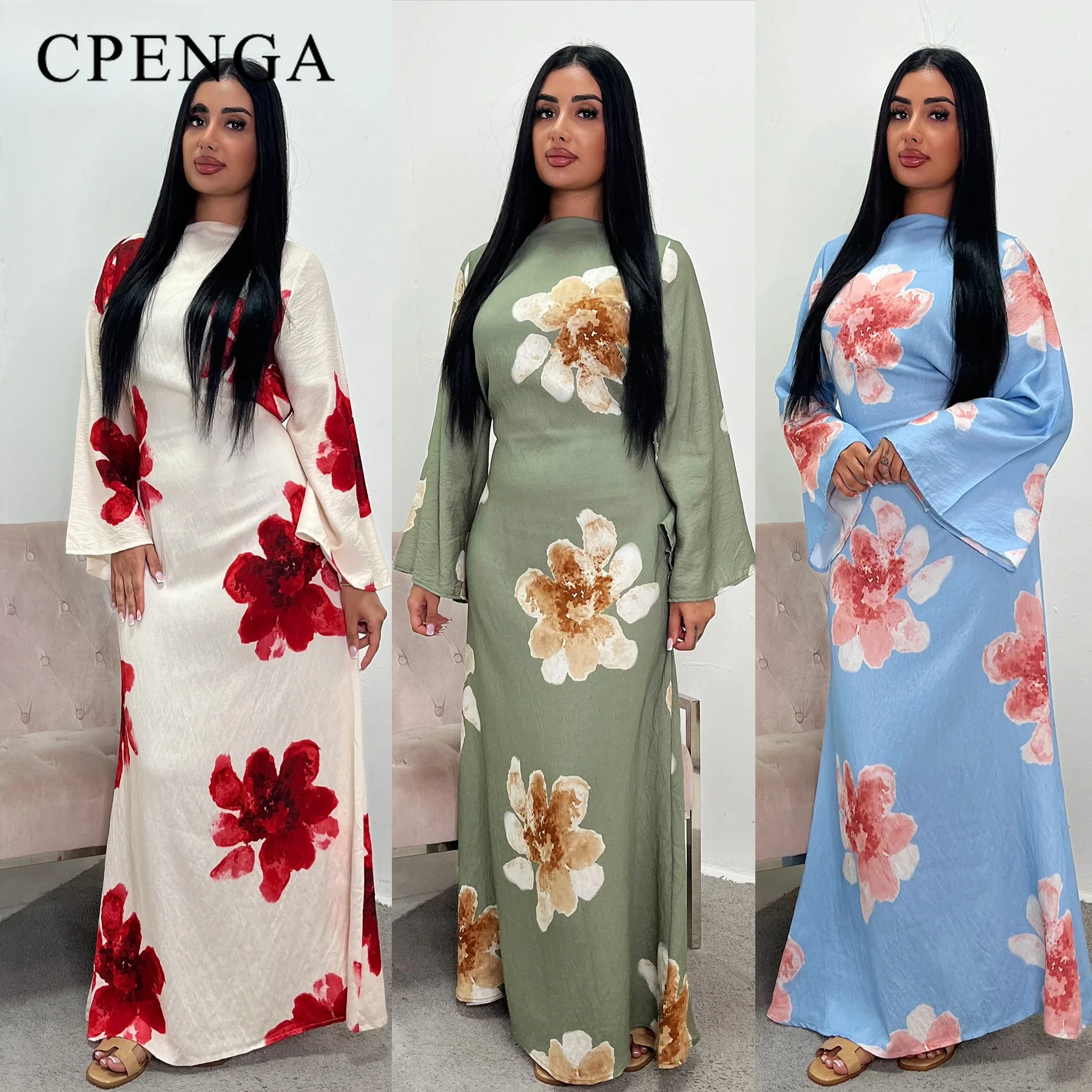 Arabesque cloche manches fluide Maxi Abaya Robe élégante imprimé fleuri musulman modeste Robe longue islamique vacances tenue Robe d'été