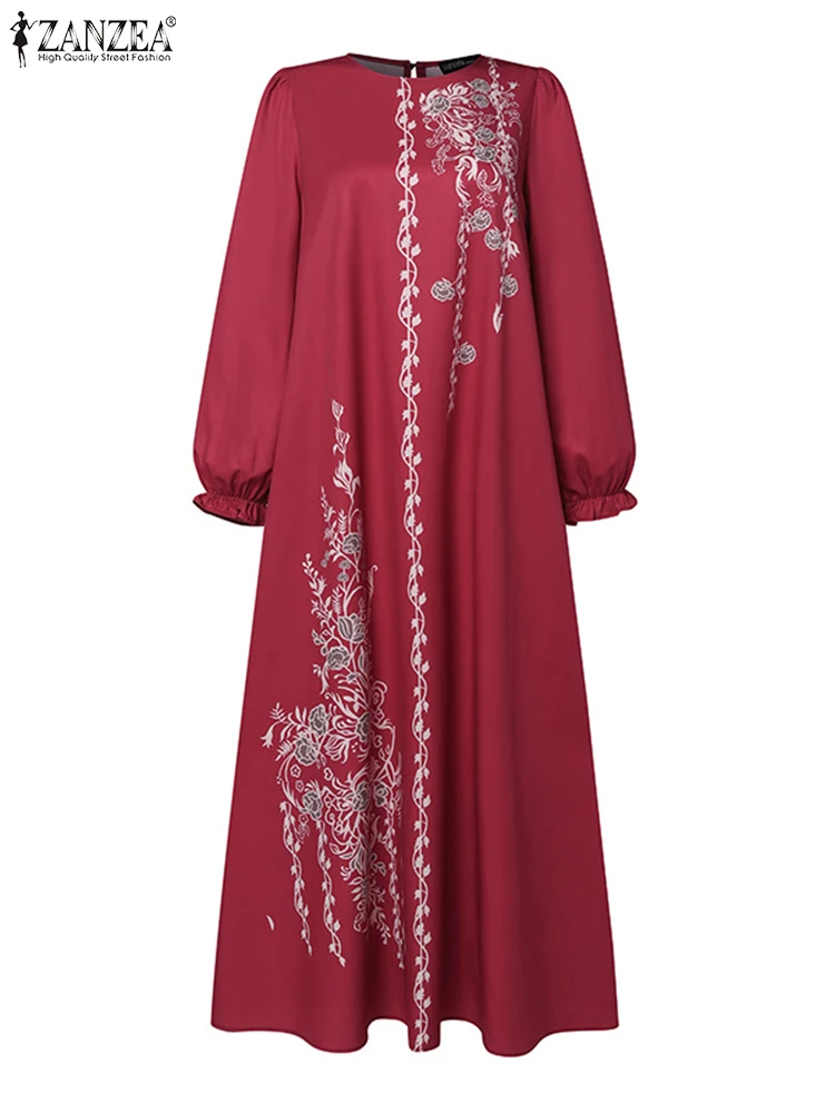 Robe Longue Motif Floral Couleur Rouge Noir Brun Femme Coupe Droite Tombé Ample Printemps Été Soirée Chic Elegante Dubai
