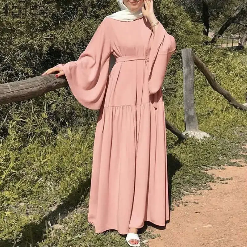 Abayas de Dubaï à manches longues pour femmes, robe à col rond, robe décontractée, vêtements islamiques féminins avec ceinture, document solide, mode printanière