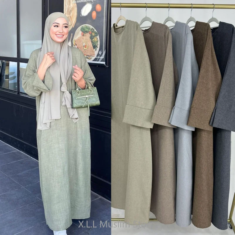 Abaya Polyester Vert Olive Robe Ample Coupe Large Tombé Doux Femme Automne Hiver Moyenne Age Soirée Élégante