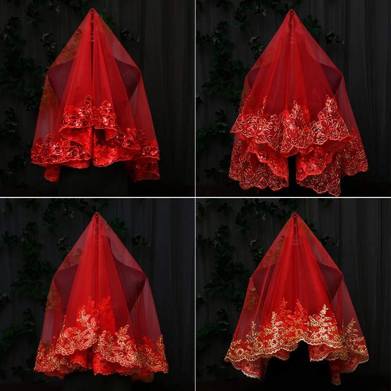 Délicat voile de mariée de mariage chinois avec motif de broderie voile Tulle Xiuhe vêtements paillettes pleine dentelle bord brodé Hijab