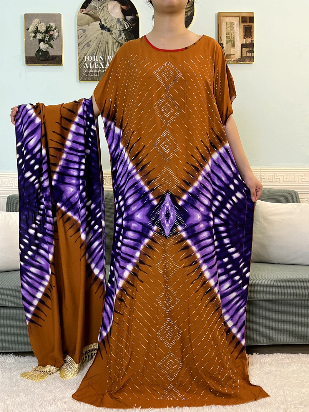 Abayas-Ensemble Musulman en Coton pour Femme, Boubou, Caftan Marocaine, Nigeria, Robe avec Écharpe à Pompon, 2024x80cm, 165