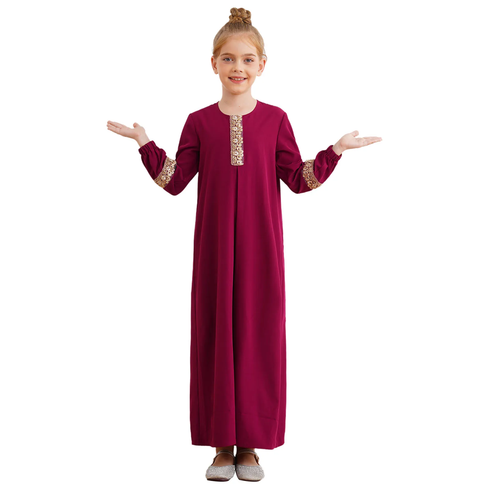 Robe Enfant Fille Polyester Bordeaux Longue Coupe Droite Manches Longues Ajustees Bord Decoratif Doré Occasion Speciale