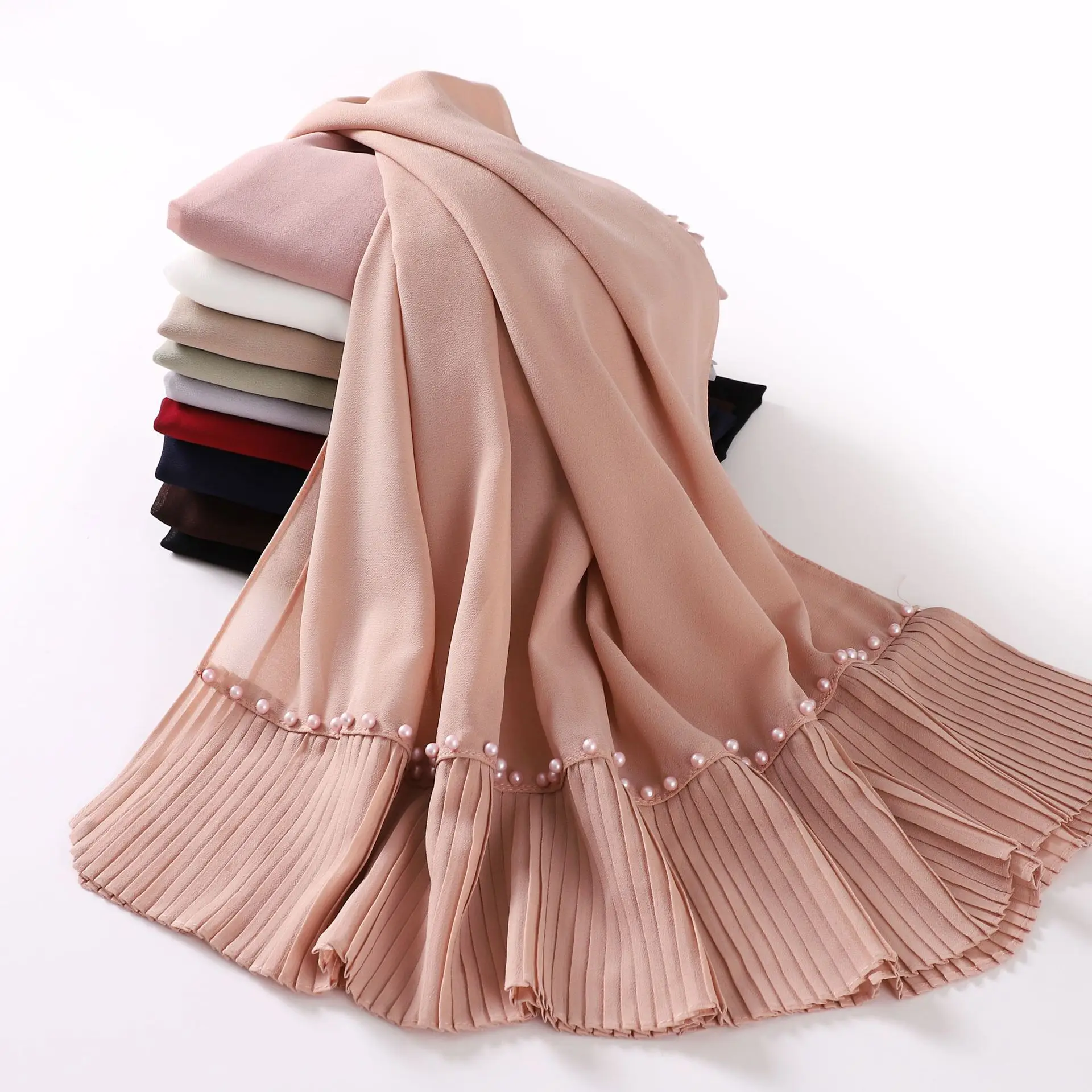 Hijab en mousseline de soie plissée pour femmes musulmanes, châle pour dames, écharpe perlée document solide, vêtements arabes islamiques, turban pour femme, 70x180cm, 1PC