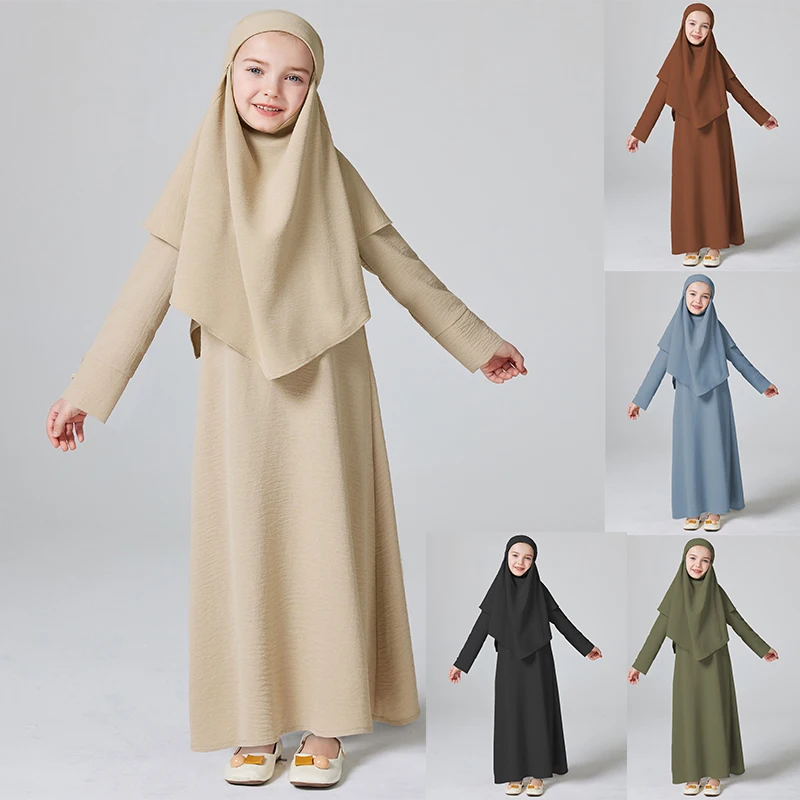 Abaya Ramadan Kebaya filles 2 pièces tenues musulmanes, robe à manches longues + ensemble Hijab, enfants Abayas filles dubaï Khimar