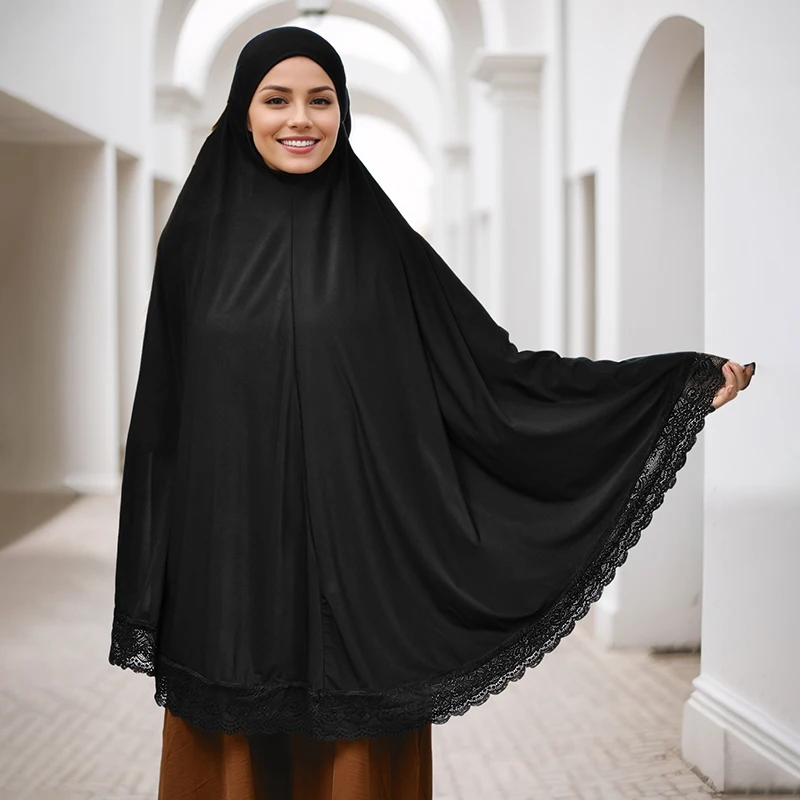 Abayas musulmanes couverture complète bord en dentelle femmes noir vêtements couleur unie Hijab instantané doux Premuim coton chanvre Ramadan robe de prière