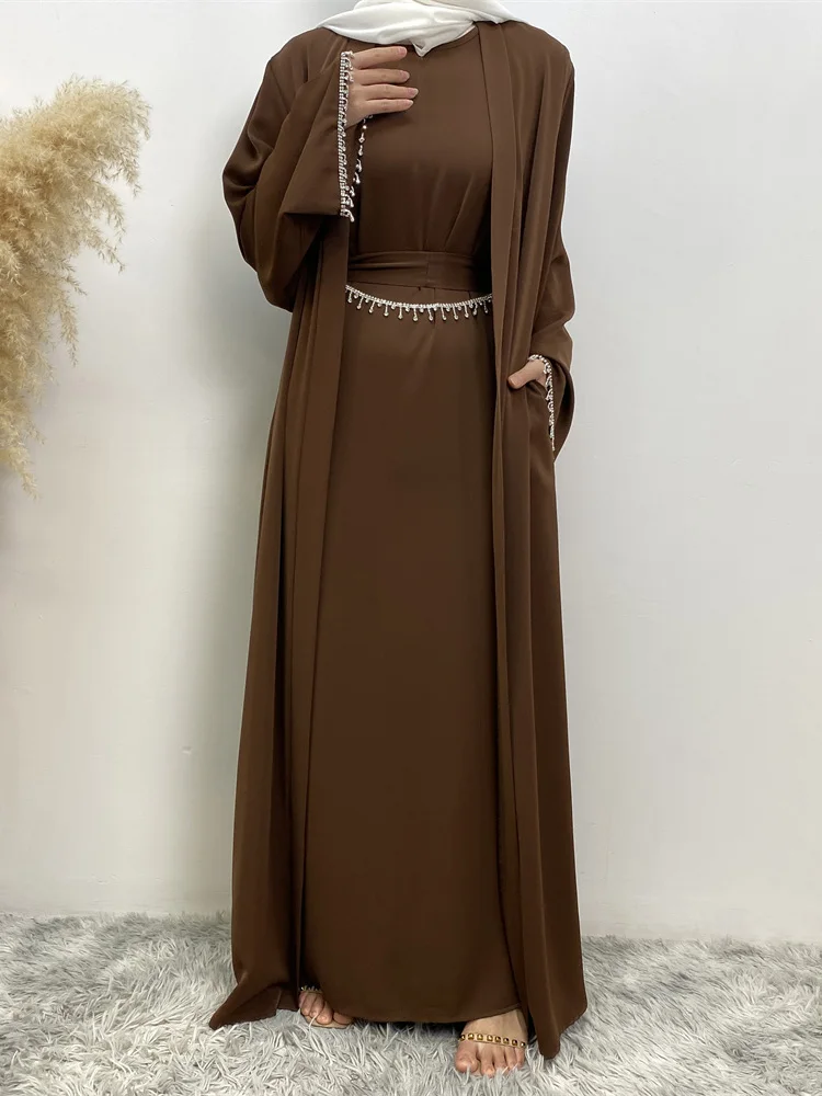 Ramadan musulman Abaya Nida robe noire avec chaîne de cristal ensembles islamiques élégants dubaï longue femme robes de soirée Caftan marocain