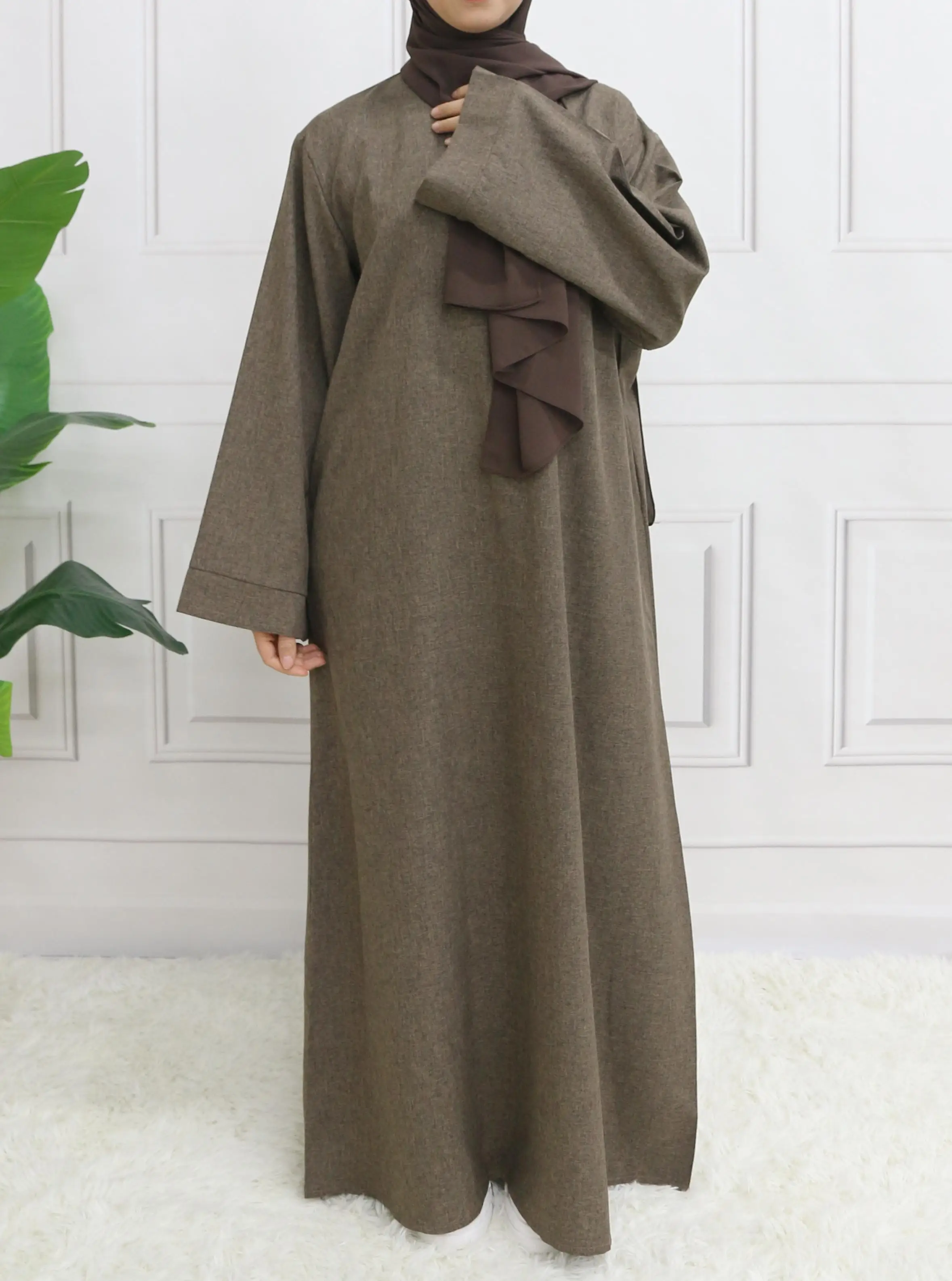 Robe Polyester Marron Clair Femme Coupe Simple Longueur Sol Abondante Confortable Ramadan Aide Soiree Elegant