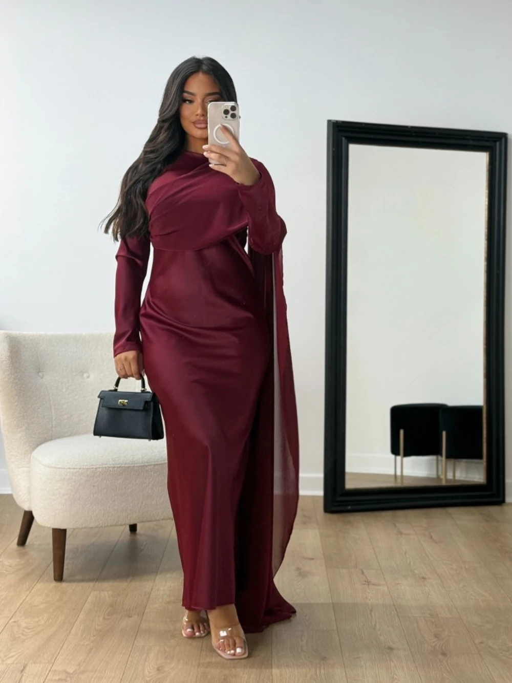 Abaya – Robe de soirée en Satin bordeaux pour femmes, modeste, Simple, offre spéciale, Robe de Cocktail avec Cape latérale, élégante, arabe, manches longues