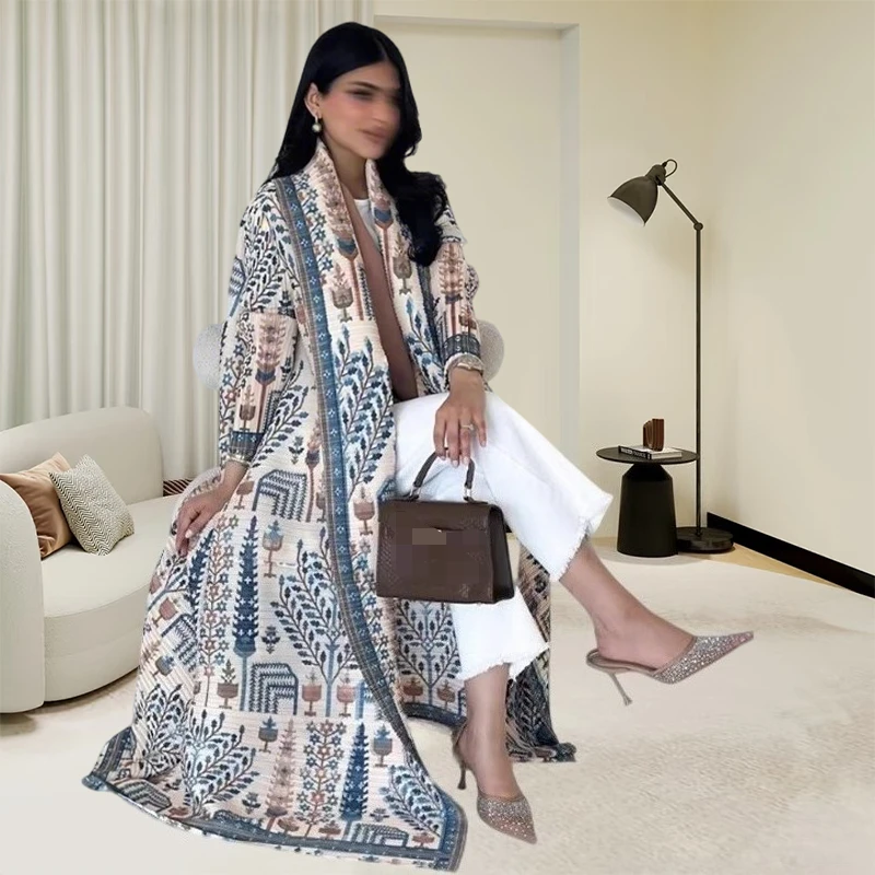 Nouveau Miyake plissé imprimé veste arabe dubaï Style Abaya femmes à manches longues conservateur recur musulman Trench Coat 55 pouces