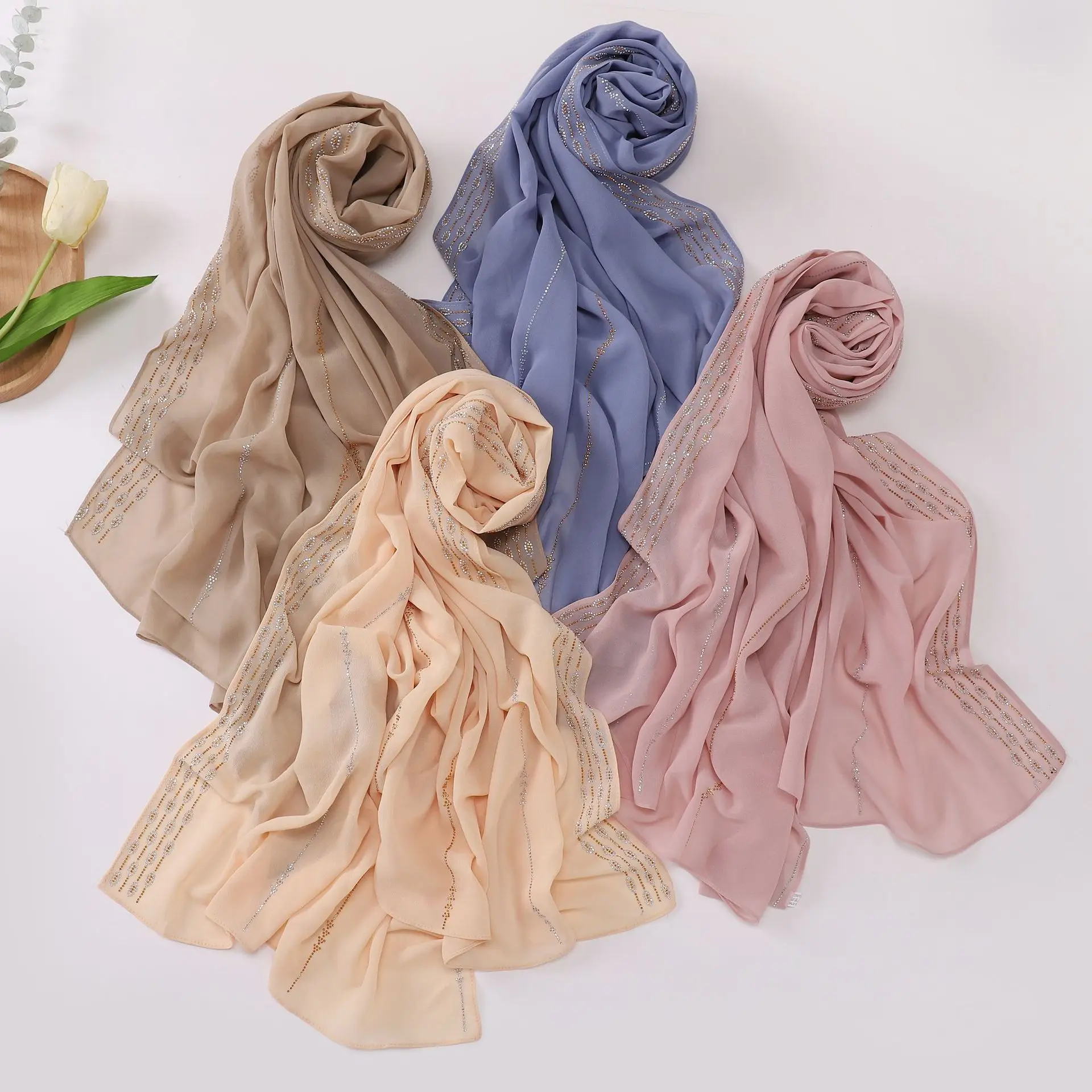 Strass solide en mousseline de soie Hijab écharpe femme musulman Hijab châle dames longues enveloppes Ramadan malaisie ethnique foulard Islam Turban