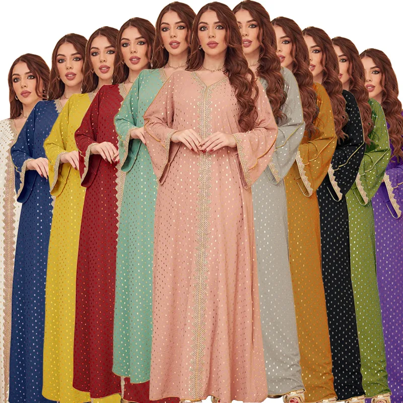 Abaya Robe Longue Coton Couleur Variée Motif Carrés Dorés Tombé Fluide Occasion Fête Traditionnelle