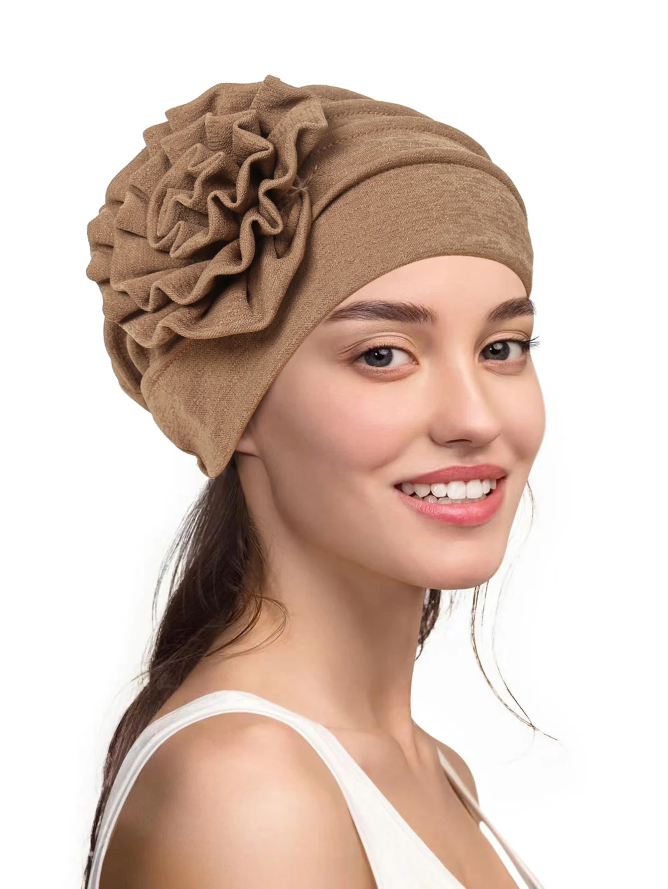 Turban Hijab à Fleurs Latérales pour Femme Musulmane, Bonnet Doux et artificiel astique, Foulard à Tête Ronde, Chapeaux Indiens
