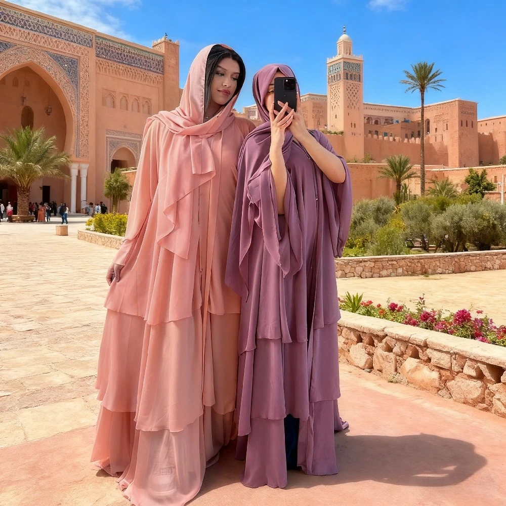 Eid musulman Abaya femmes en mousseline de soie 3 couches gâteau fête Cardigan Robe Jalabiya robes Ramadan maroc Abayas caftan robes 2026