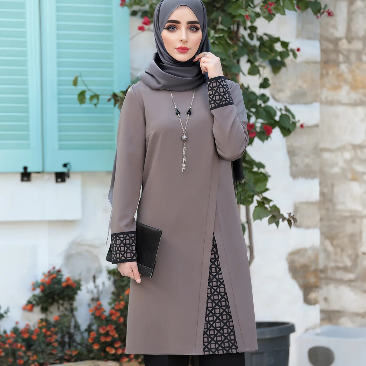 Abaya Microfibre Gris Souris Femme Manches Longues Motifs Noirs Coupe Droite Tombé Ample Printemps Été Décontracté Ensemble Musulman