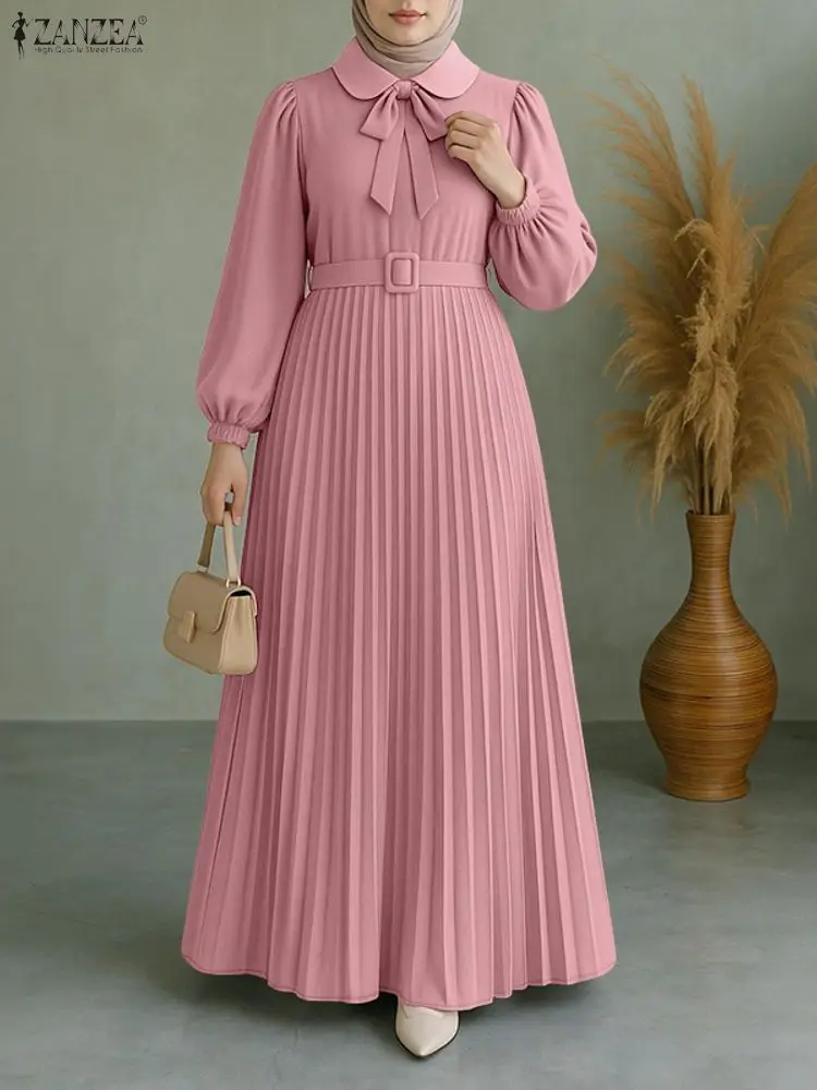 Robe musulmane élégante Abaya ZANZEA femmes 2025 robes d'automne longue lanterne manches plissée Robe d'été ceinturée Robe Femme Robe de soirée
