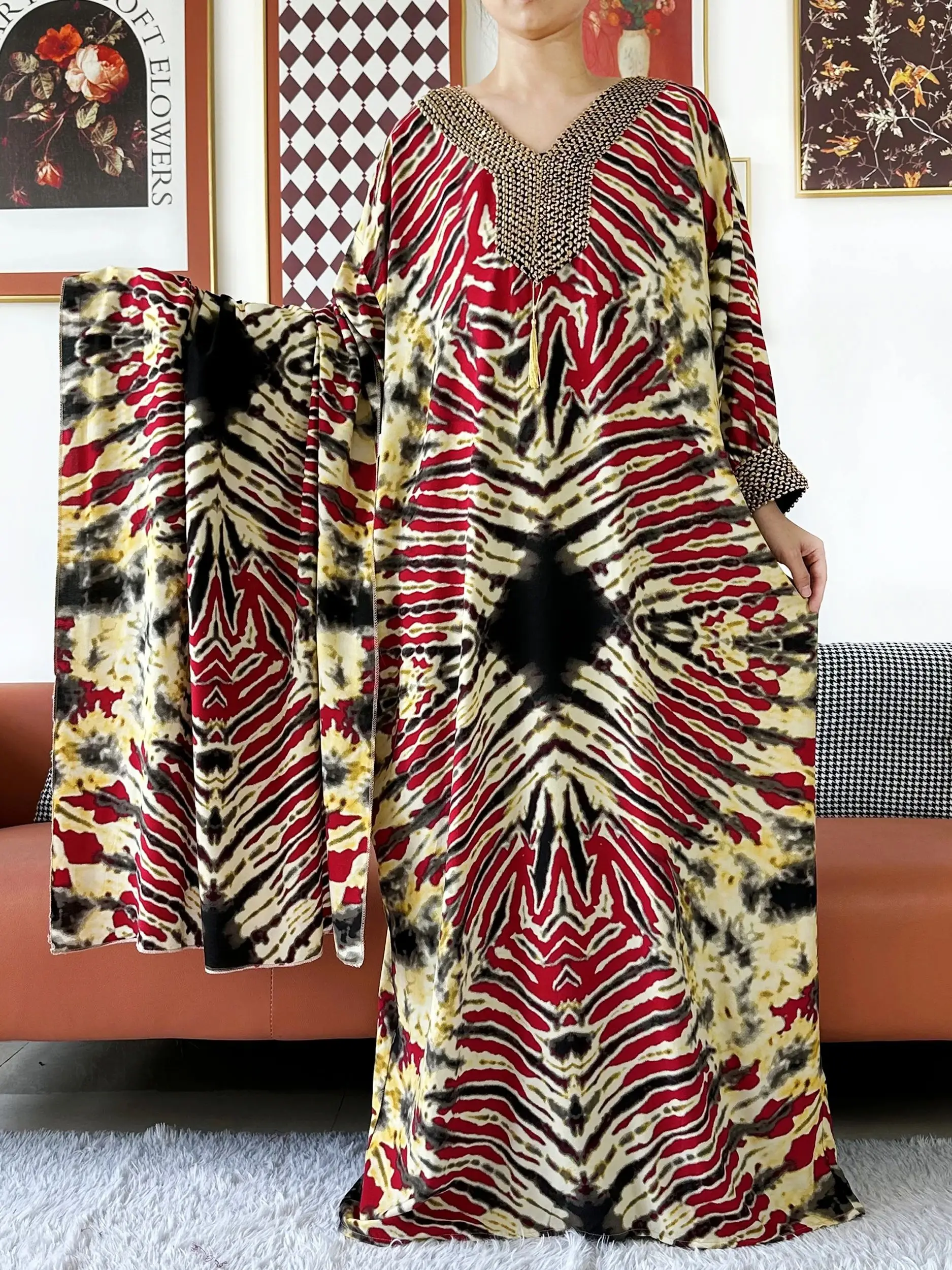 Robe Ample Coton Rouge Noir Beige Couleur Geometrique Complexes Longue Taille Cintrée Tombé Doux Ramadan Aïd Soirée Élégante