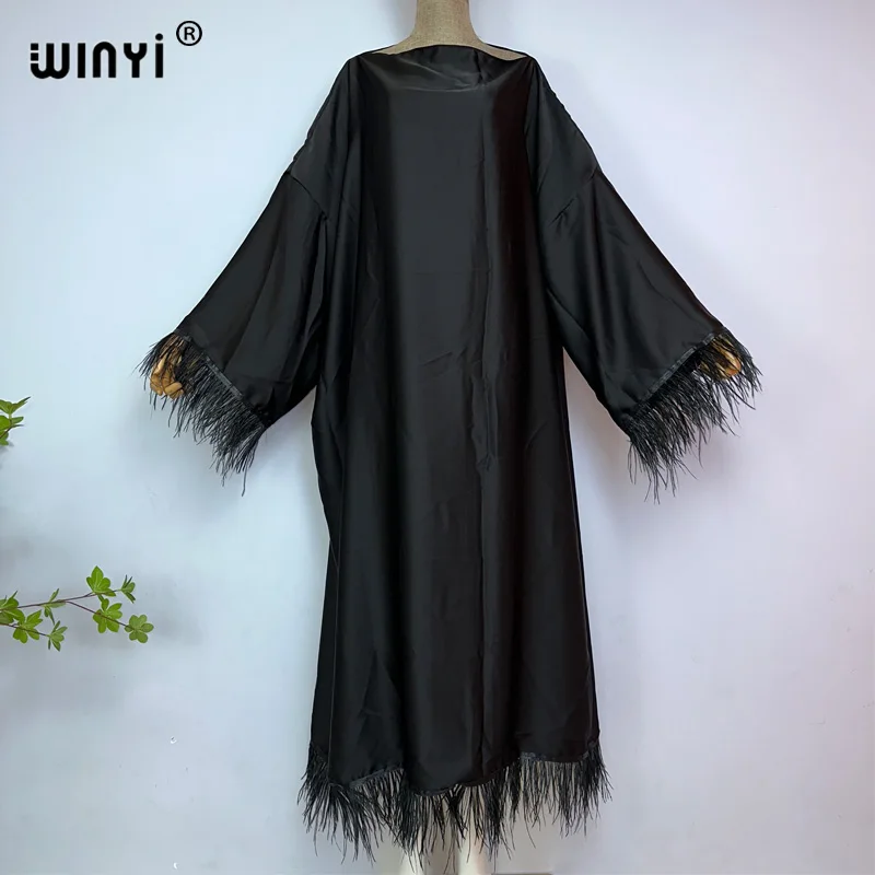 WINYI-Robe hijab noire confortable pour femmes musulmanes, robe de ramadan, kaftan, couverture complète, abaya, cheveux d'autruche, haute qualité, mode