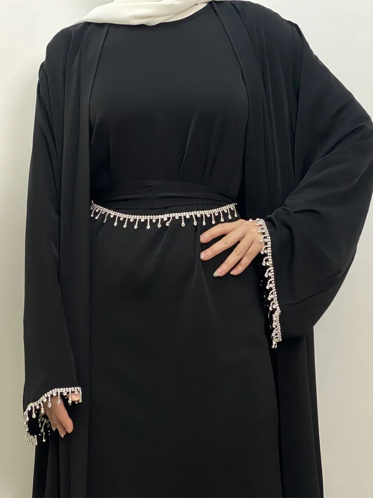 Ramadan musulman Abaya Nida robe noire avec chaîne de cristal ensembles islamiques élégants dubaï longue femme robes de soirée Caftan marocain