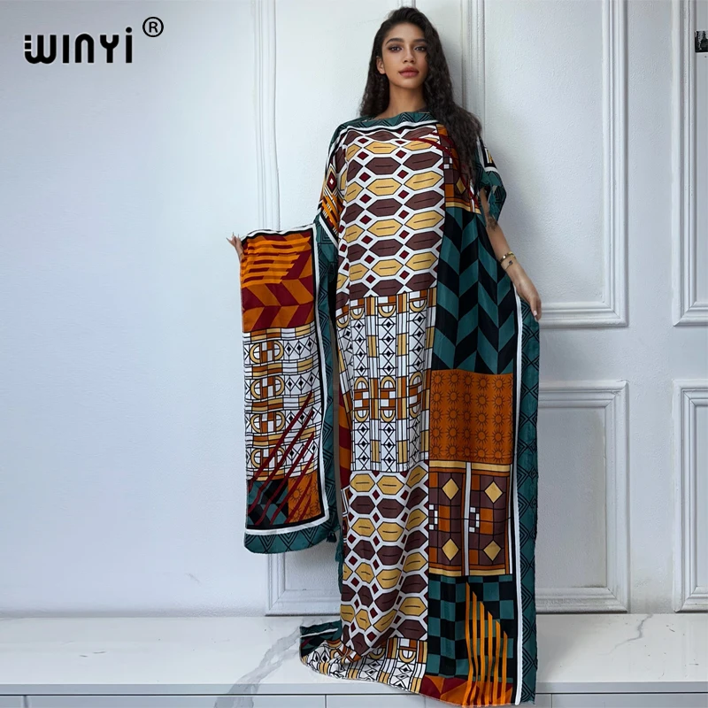 Robe Africaine Polyester Bleu Motifs Géométriques Large Coupe Tombé Naturel Longueur Sol Élégante Traditionnelle