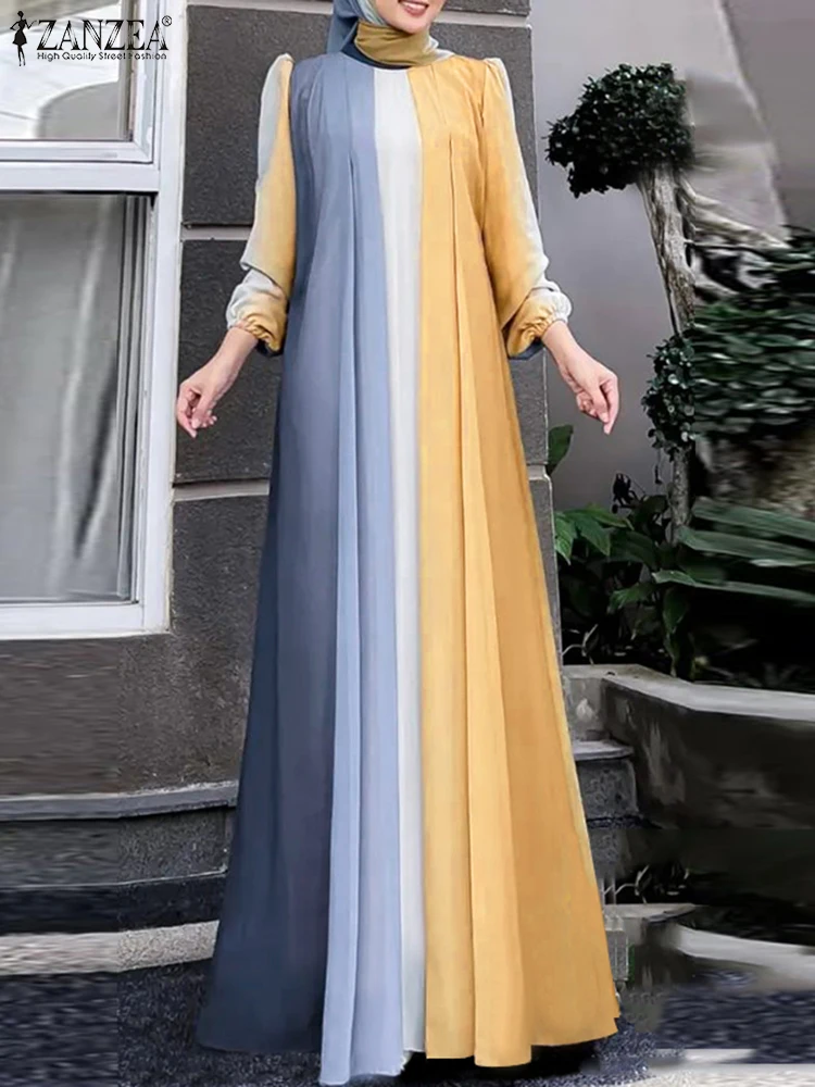 Élégant musulman Abaya Hijab robes ZANZEA Eid Mubarek Robe d'été Robe Femme à manches longues contraste couleur Maxi Robe vêtements islamiques
