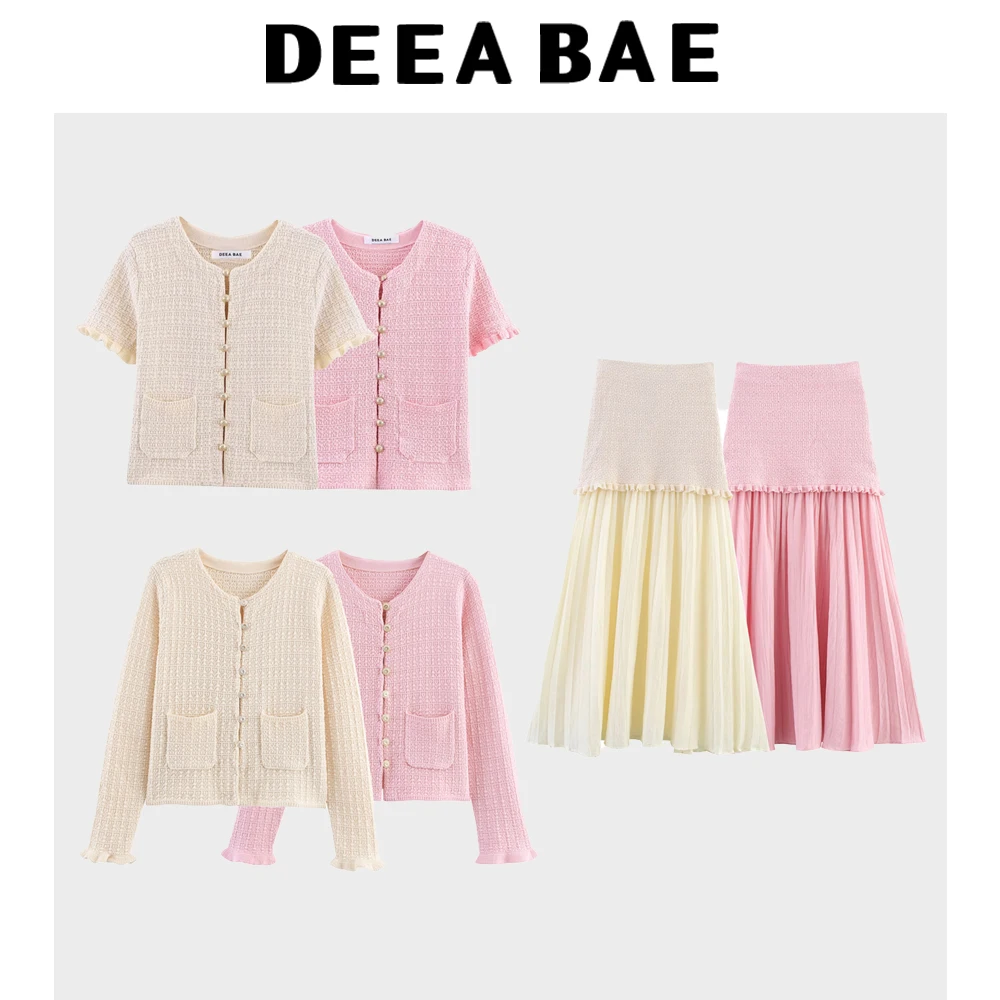 DEEABAE automne et hiver nouveau col rond boucle décoration doux et polyvalent à manches courtes tricoté Cardigan demi-jupe ensemble