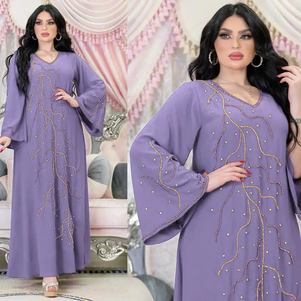 Caftan Eid Robe Soiree Longue Femme Musulmane Tenue Elégante Ramadan Dubaï Polyester Coupe Droite Motif Lignes Dorées Violet Vert Foncé