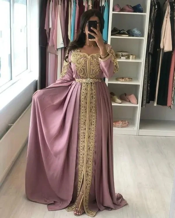 Robe de soirée musulmane caftan marocain, ligne A, manches longues, appliques perlées, Dubaï, arabe, Turquie, Caftan Abaya, robe islamique