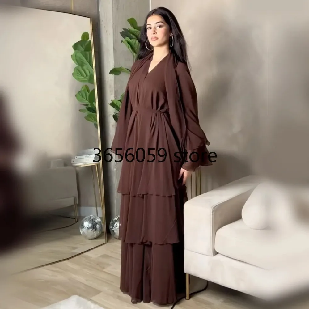 Mousseline de soie Abaya Kimono dubaï musulman Cardigan couches Abayas femmes Robe décontractée femme Islam vêtements avec ceinture Abaya tenues arabes