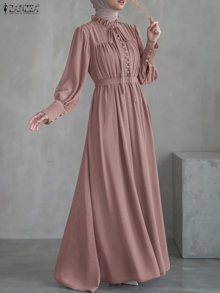 ZANZEA Hijabs femmes modeste Maxi Robes élégant luxe col à volants taille attachée à manches longues robe longue musulmane Abaya Robes S-3XL