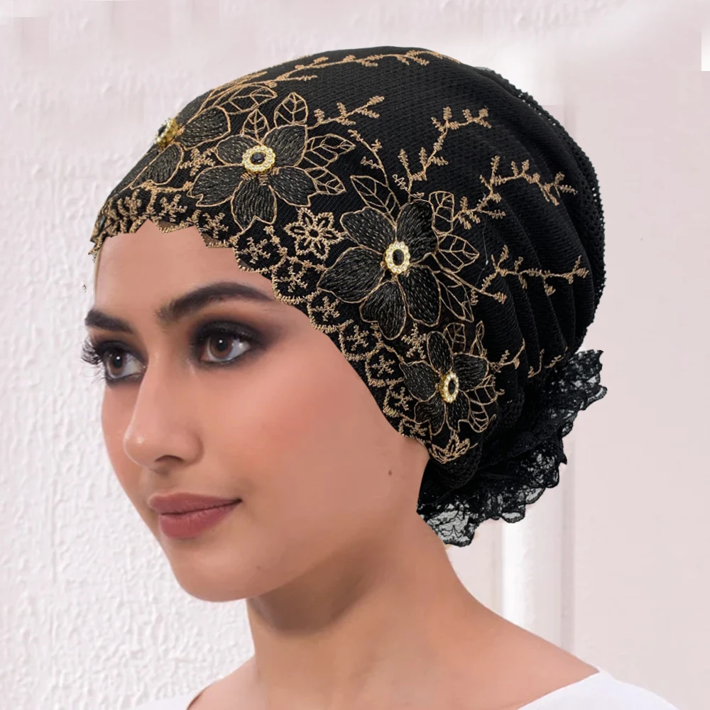Respirant broderie dentelle Turban casquette femmes musulmanes été couvre-tête foulard chapeau islamique chapeaux Bonnet femme bandeau