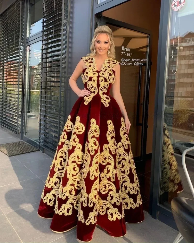 Caftan marocain bordeaux, robes de soirée musulmanes, avec des Appliques en velours, Abaya arabe de dubaï, robe islamique personnalisée