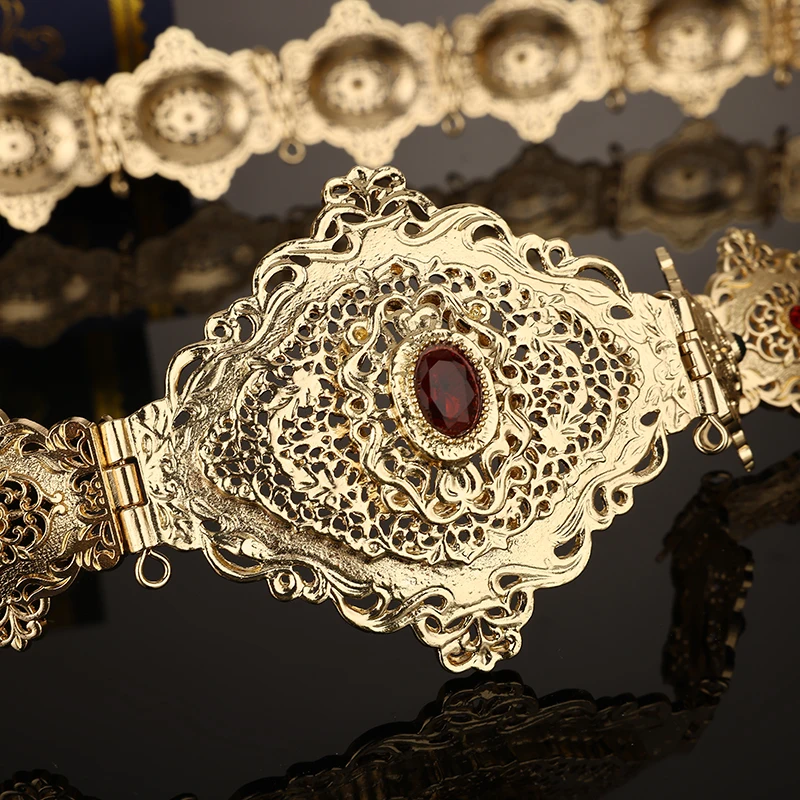 Ceinture Traditionnelle Or Rouge Vert Femmes Motifs Géométriques Pierres Précieuses Occasion Formelle Mariage Fête