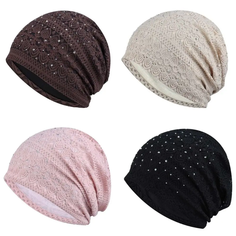 Bonnet en dentelle douce et décontractée avec strass, Style ethnique, chaud, bonnet de nuit, coupe-vent, Hijab, Turban, pour l'extérieur