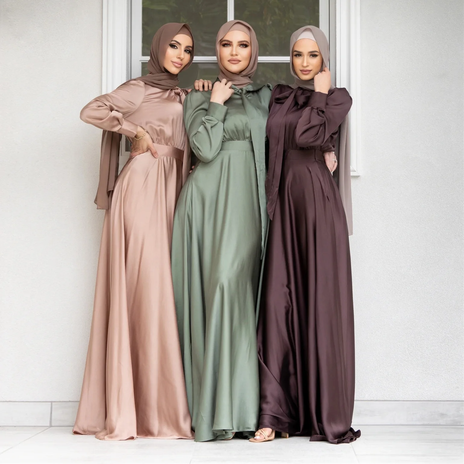 Robe Abaya Polyester Brun Femme Longue Manches Larges Silhouette Elégante Cintrée Taille Fluide Doux Ramadan Aïd Soirée