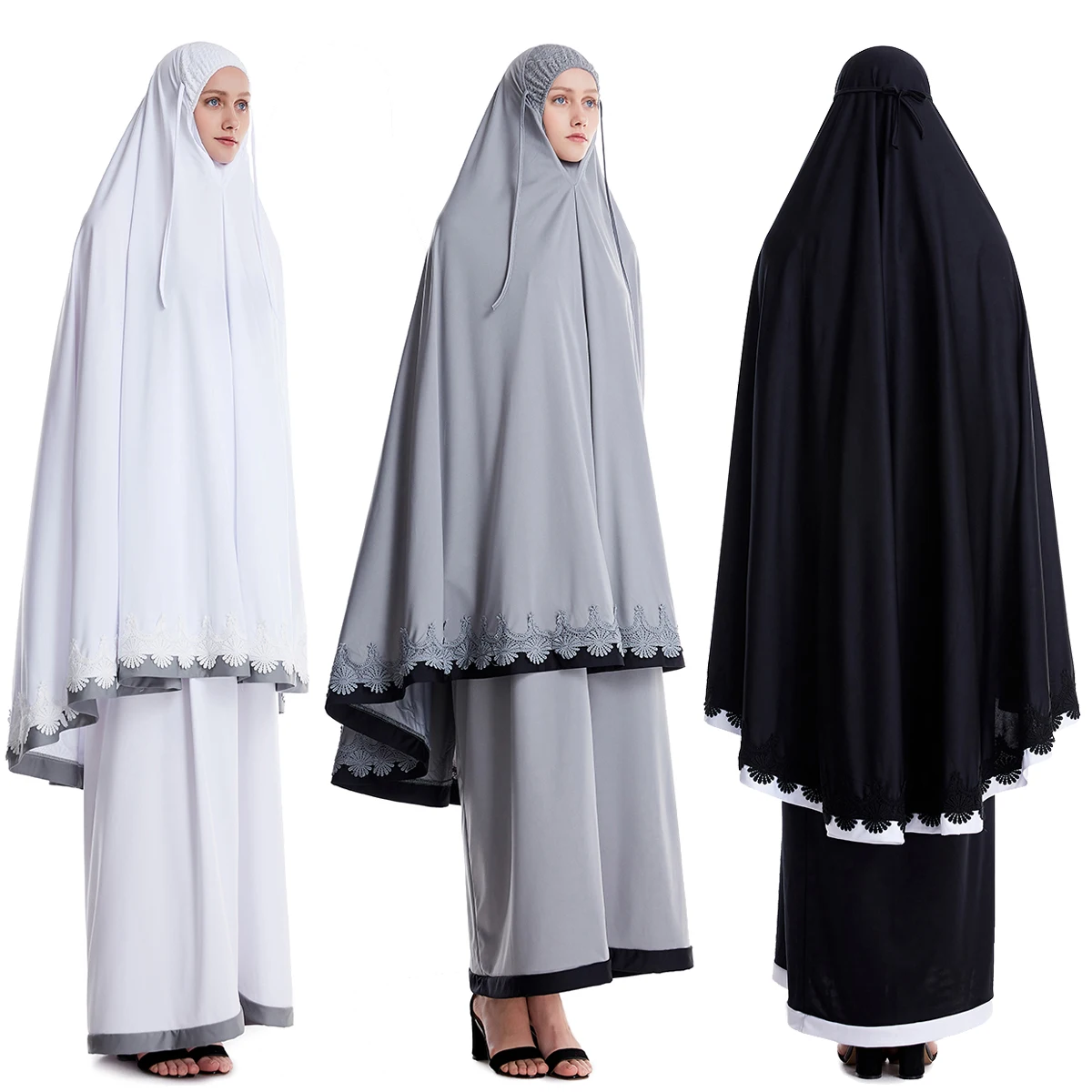 2 pièces femmes musulmanes couleur unie dentelle longue Hijabs Abaya cheville longueur arabe dame modeste jupes tube prière Ramadan Eid vêtement Robe