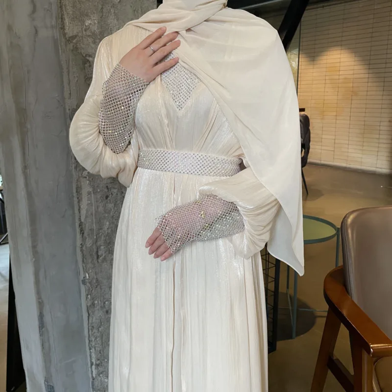 Ensembles musulmans de luxe pour femmes, diamants brillants, Kimono ouvert Abayas, robe Maxi 2 pièces Jalabiya Ramadan Eid dubaï, robe de soirée caftan