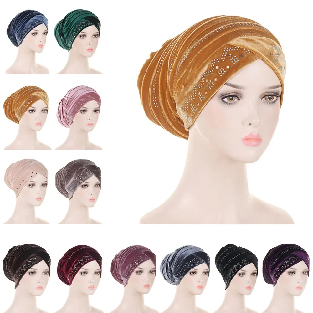 Casquettes de Turban musulmanes, Hijabs intérieurs en velours doré pour femmes avec perceuse, tête enveloppante ethnique islamique, prêt à porter, Bonnet Hijab